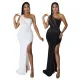 Diagonal shoulder and waist high split dress