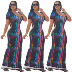 Color printed U-neck Short Sleeve Dress