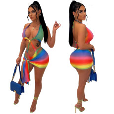 Rainbow multicolor hollow out bikini two piece suit