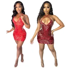V-neck strap exposed backpack hip Sequin dress