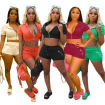 Hooded zip short sleeve shorts 2pcs