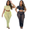 Mesh sexy hollow out T-shirt one step skirt two piece set