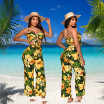 Fashion suspender wide leg pants two piece set