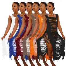 Knitted tassel tied rope hollow out beach skirt
