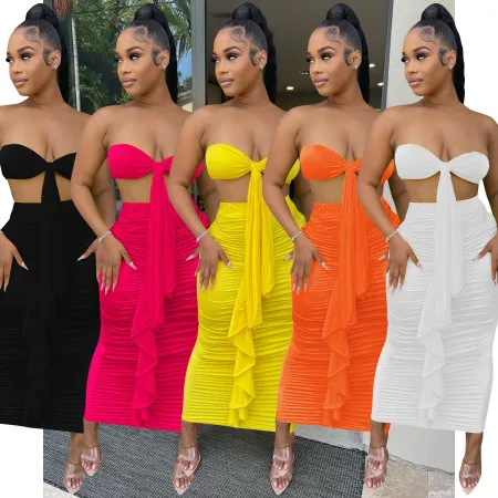 Chest wrapped sleeveless long skirt two-piece set