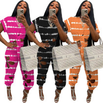 Irregular top lace hole casual two piece set
