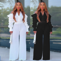 Hollowed out bubble sleeve shirt pants suit