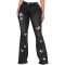 Slim fitting butterfly embroidered elastic flare pants