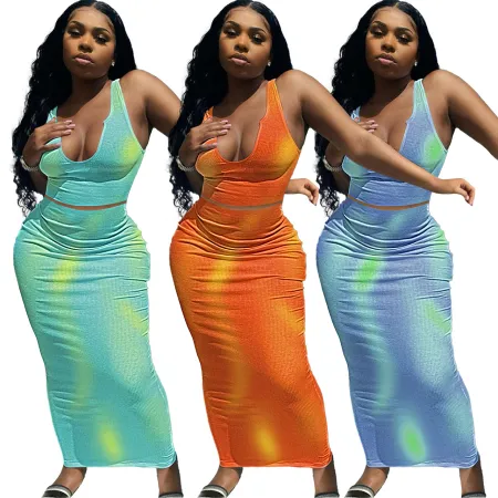 Tie dyed sexy U-neck vest skirt suit