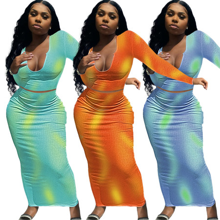 U-neck long sleeve tie dyed skirt two piece set