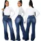 Patchwork washed denim elastic slim flare pants