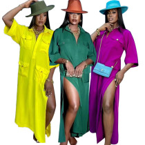 Lapel pocket casual slit shirt skirt