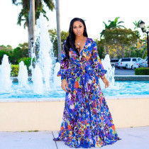 Printed chiffon sexy V-neck dress