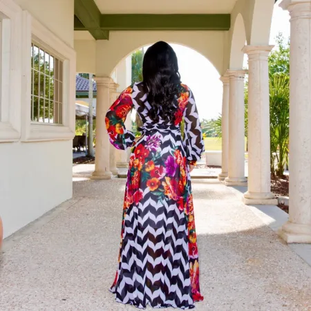 Printed chiffon sexy V-neck dress