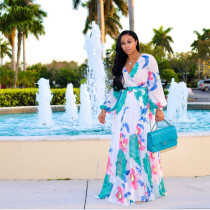Printed chiffon sexy V-neck dress