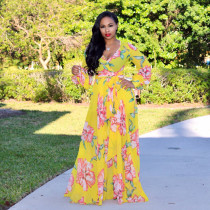Printed chiffon sexy V-neck dress