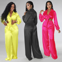 Sexy bandage waist open Satin two piece set