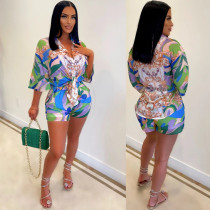 Rich and noble print slim Casual Shirt Top + shorts