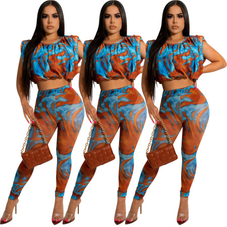 Sexy top and pants printed two-piece set
