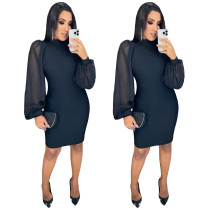 Black high neck mesh perspective Lantern Sleeve mid length dress with buttocks wrapped