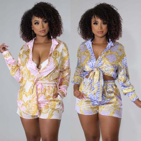 Printed single breasted shirt long sleeve + shorts two-piece set