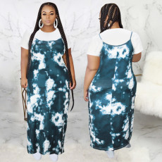 European and American large women's tie dyed printed short sleeved top suspender dress two-piece set