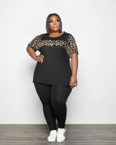 European and American women's clothing Amazon leopard stitching Casual Short Sleeve two-piece set
