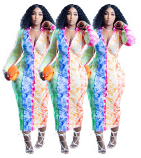 Fashionable color tie dyed long sleeved shirt dress