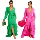V-Neck long sleeve lace up split high waist dress