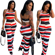 Sexy fashion striped print backless Jumpsuit