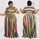 European and American style Rainbow Stripe Print large suit summer fashion V-neck lace up two-piece set