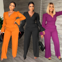 V-neck flare sleeve pants two-piece set