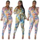 New cardigan button print top and pants two-piece set