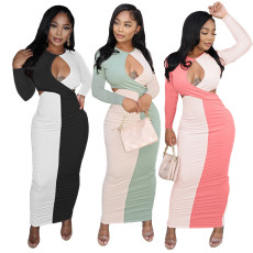 Color blocking thread hollow sexy long dress