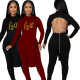 Solid color sexy open back irregular long sleeve two-piece set (with chain)
