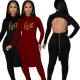 Solid color sexy open back irregular long sleeve two-piece set (with chain)