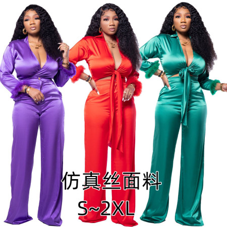 Solid color shirt collar cross strap feather two piece suit