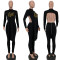 Solid color sexy open back irregular long sleeve two-piece set (with chain)