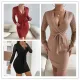 Deep V-Neck long sleeve buttock wrap dress