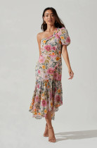 Oblique shoulder chiffon print slim dress