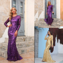 Purple round neck long evening dress