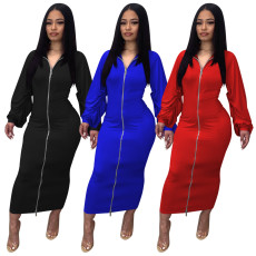 Solid color double zipper pleated sleeve dress long skirt