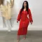 Solid color double zipper pleated sleeve dress long skirt