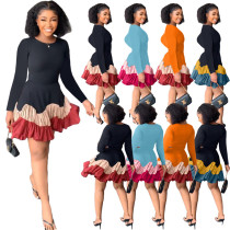Long sleeve color blocking Pleated Dress