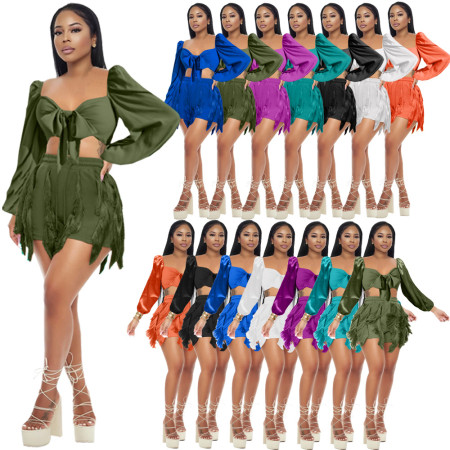 Long sleeve shirt drawstring tassel two piece set