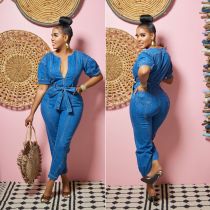 Fashion loose jeans short sleeve Jumpsuit