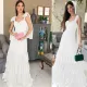 Shoulder covering lace up white evening dress