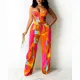 Printed suspender vest wide leg suit