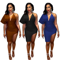 V-neck single sleeve split women's dress