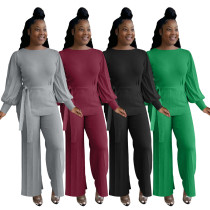 Solid color loose Lantern Sleeve wide leg pants fashion casual suit